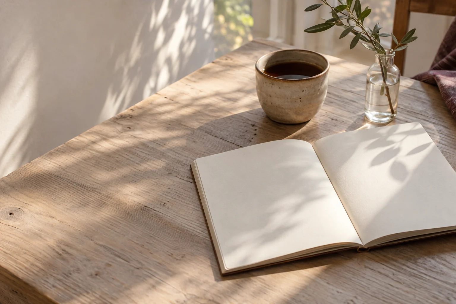 A notebook, ceramic cup and a sprig of green in the morning light